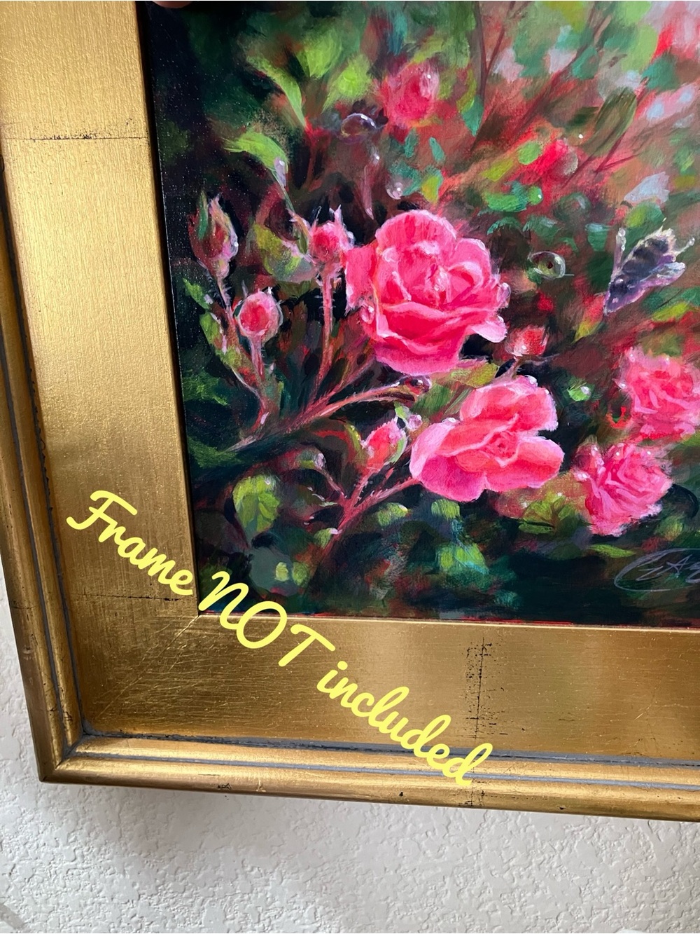 Original Roses bumblebee painting pink flowers ladybugs surreal realism